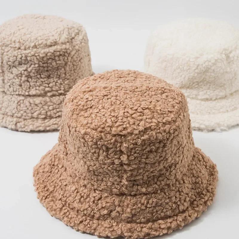 Solid Color Fur Autumn and Winter Warm Female Cap Faux Fur Bucket Hat for Women Outdoor Sunscreen Sun Hat Lady Caps Accessories