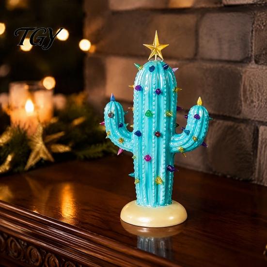 Resin Tabletop Decor for Home Vintage Lighted Cactus Christmas Tree, Saguaro with Bulbs & Golden Colorful Crystal Lamp Display Star Topper,
