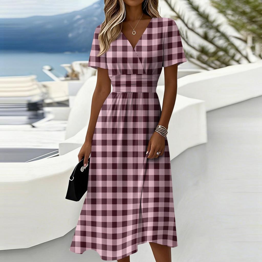 Women’s Gingham Print Casual Midi Dress with Short Sleeves V Neck and Relaxed Fit for Everyday Wear and Comfort