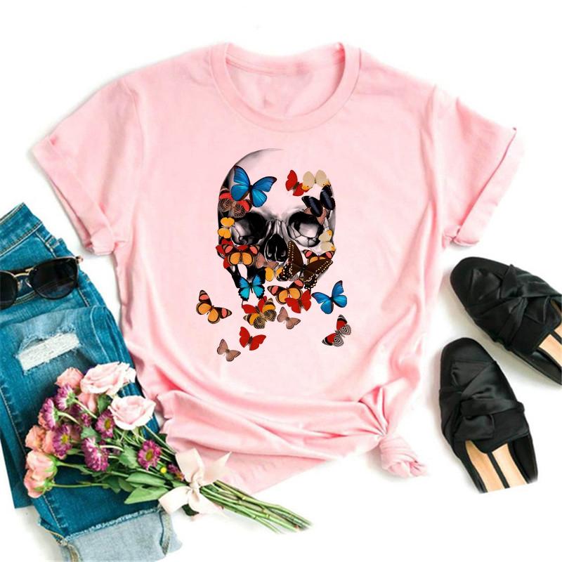 Maycaur Fashion Skull Flower Print Women T Shirt Summer Casual Short Sleeve O Neck Women Tshirt 90s Ladies Tee Shirt Tops