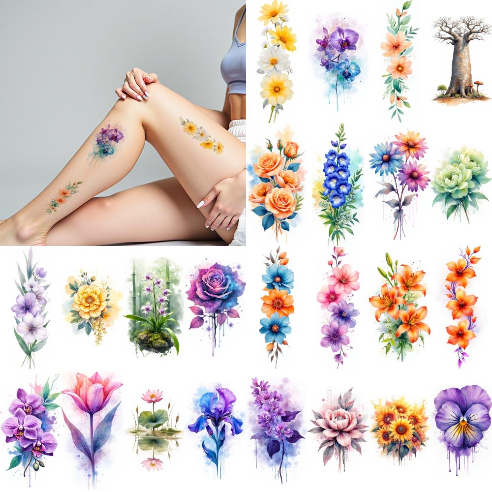 9pcs Temporary Tattoo Waterproof Long-lasting Body Stickers Sunflower Tulip Orchid For Chest Ladies Cheeks