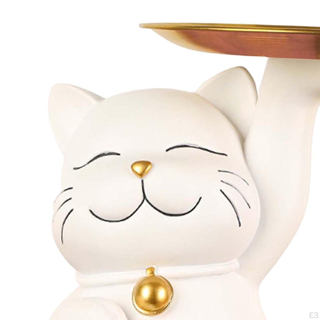 Kattenbeeldje met Metalen Schaal, Standbeeld Geluk Decoratie, Dierlijk Ornament Snoepschaal
