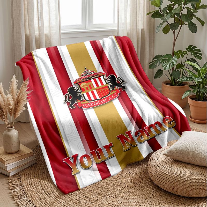 Sunderland FC Custom Name Text Flannel Blanket Soccer Logo Personalized Fleece Throw Blanket Special Gift For Sofa Bedroom Home
