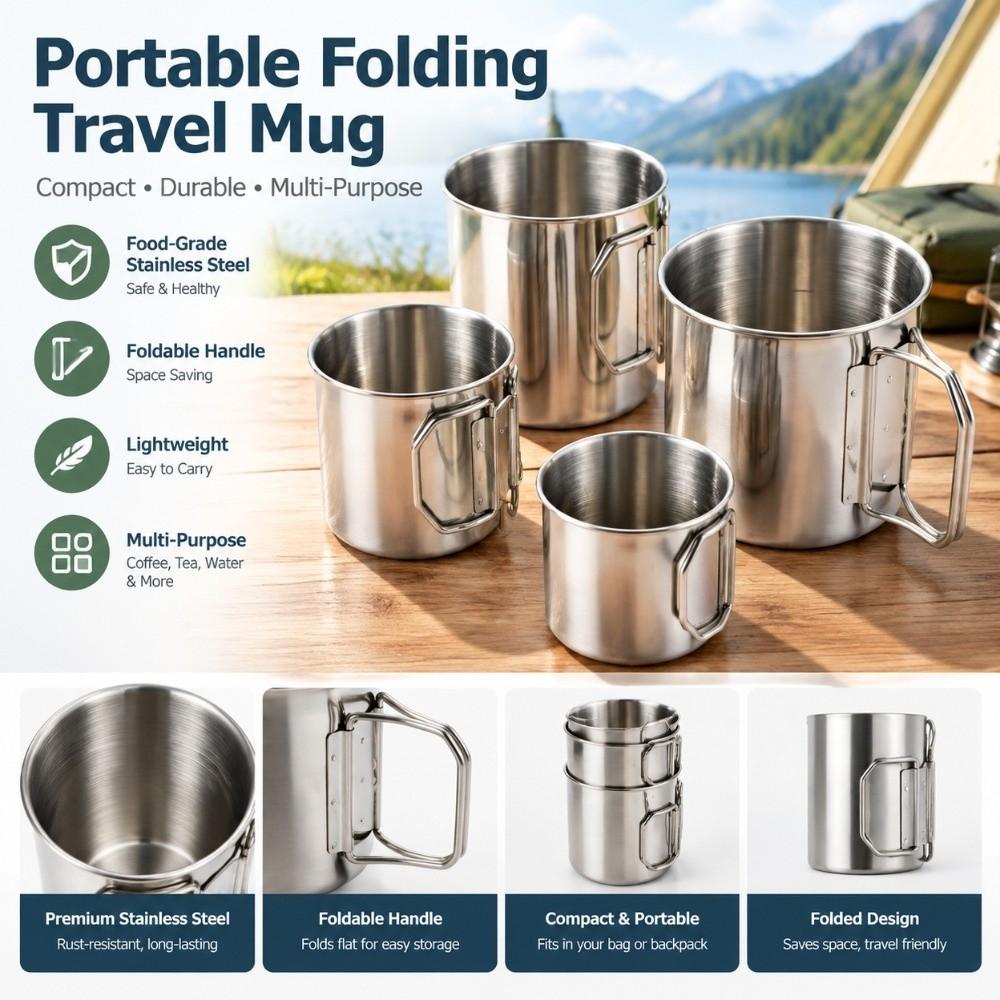 250-700ml Camping Cup Foldable Handle Stainless Steel Mug New Water Mug For Camping Travel