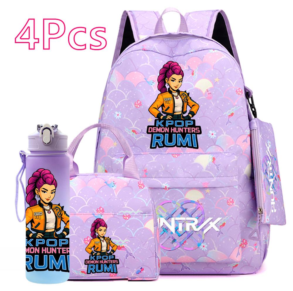 4-teiliges/Set K-POP Bedruckter Rucksack Große Kapazität Schultasche Handtasche Etui Tasche mit 750 ml Wasserflasche Junge Mädchen Schultasche wasserdicht Reisetasche Mochila