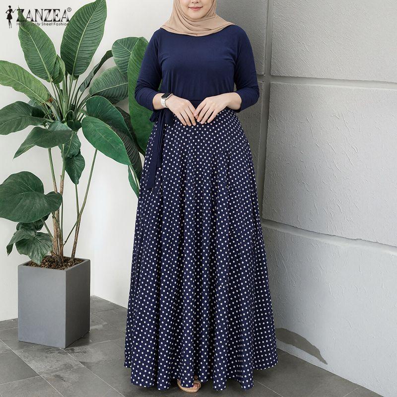 ZANZEA Women Casual Round Neck Long Sleeve Polka Dot Print Patchwork Retro Dress