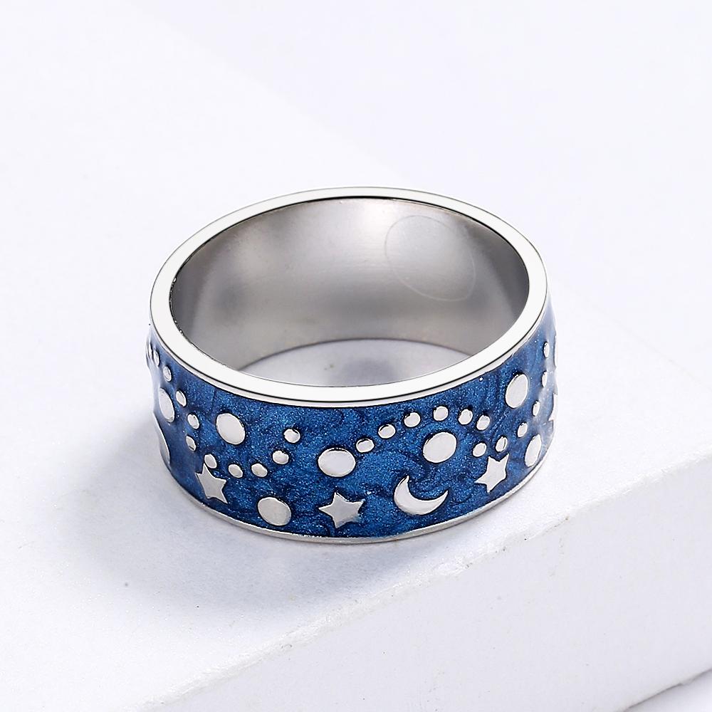 Sterling Silver Creative Design Night Star Moon Ring Handmade Enamel Drip Oil Paint Ladies Jewelry Couple Ring Party Birthda