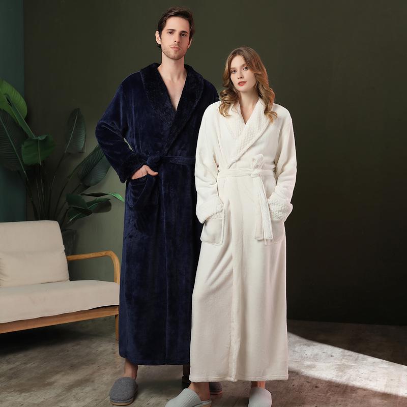 Women's & Men's Double-Sided Thick Coral Fleece Bathrobe - Long, Ankle-Length, Ideal for Autumn & Winter