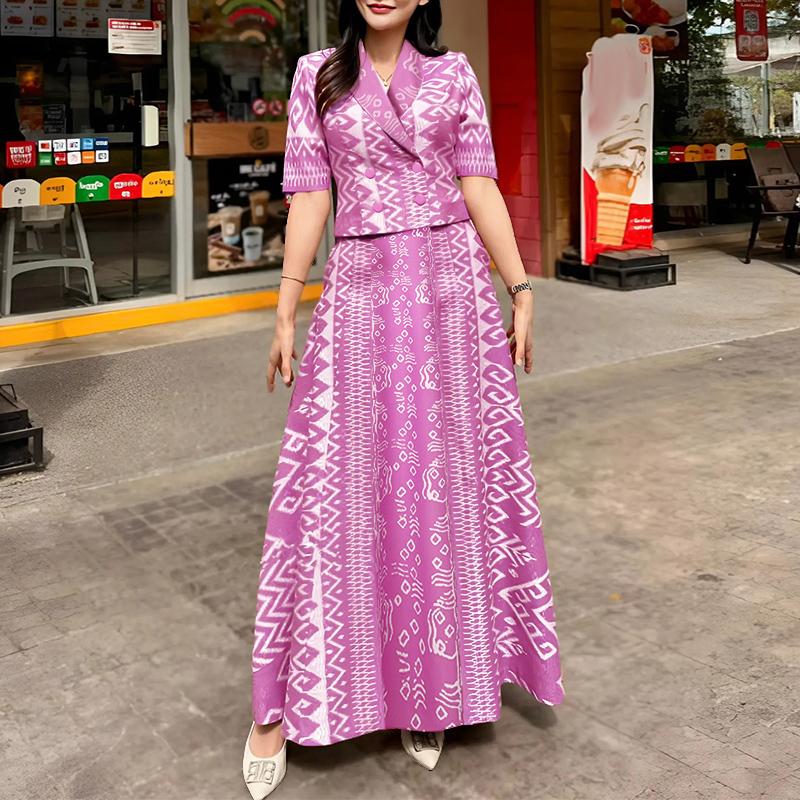 

ZANZEA Женская блузка с коротким рукавом и длинная юбка, костюм-двойка с ретро-принтом 5XL кларет