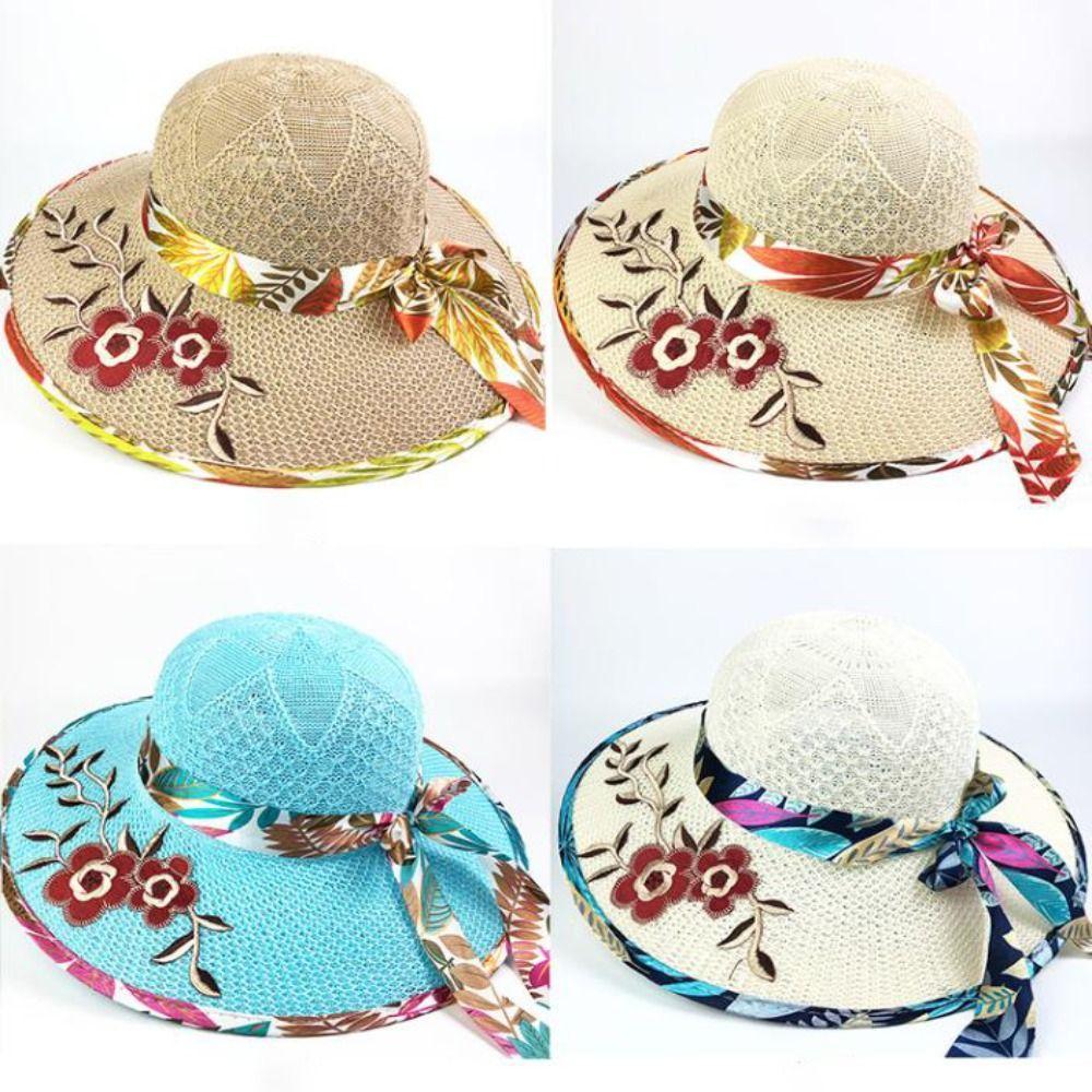 Foldable Flower Embroidery Hat Wide Brim Sun Protection Hat New Straw Beach Cap  Women Summer