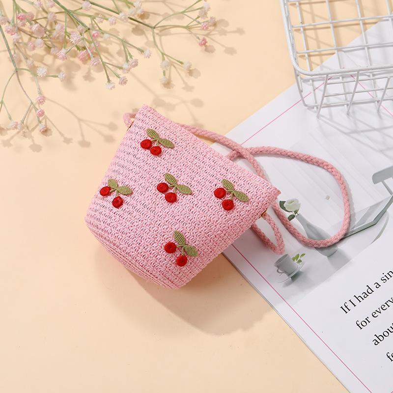 Children Foldable Woven Straw Bag Summer Girl Shoulder Bags Red Cherries Kids Handbags Beach Travel Crossbody Bags Small Wallets