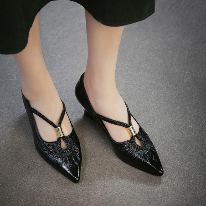 Johnature Retro Pointed Toe High Heels Versatile Genuine Leather And Comfortable Coarse Heels Women's Shoes