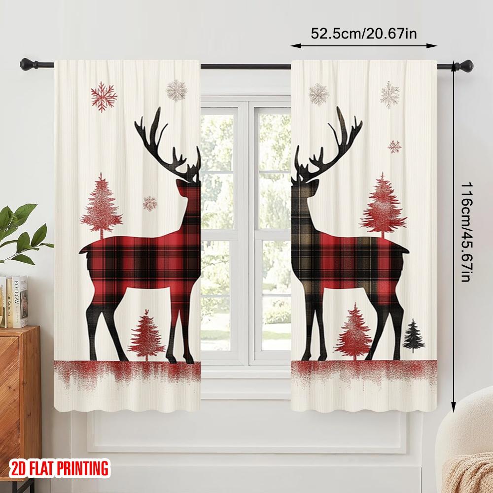 2pcs,2D Plane Printing Contemporary Curtains Buffalo Plaid Reindeer Snowflakes (4) Durable Polyester (without Rod) Holiday