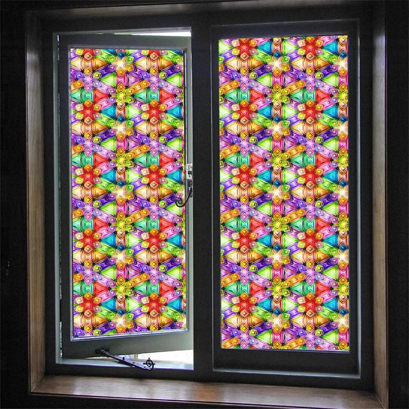 Translucent Self-Adhesive Stained Window Sticker Retro Geometric Pattern Glass Film Home Bathroom Decor Art Privacy Film