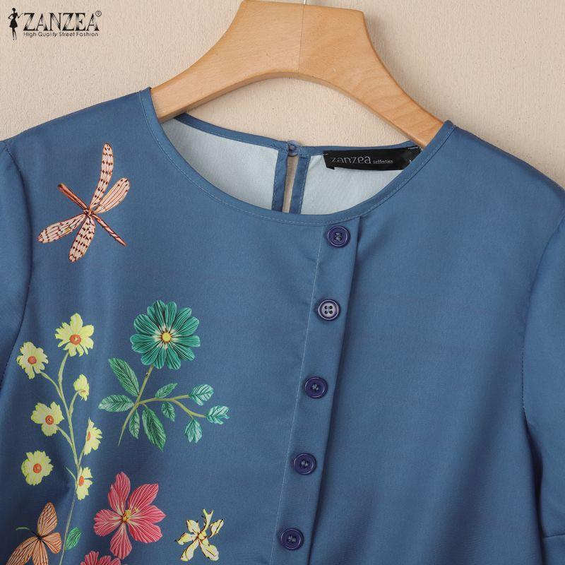 ZANZEA Women Casual Floral Print Round Neck Short Sleeve Blouse