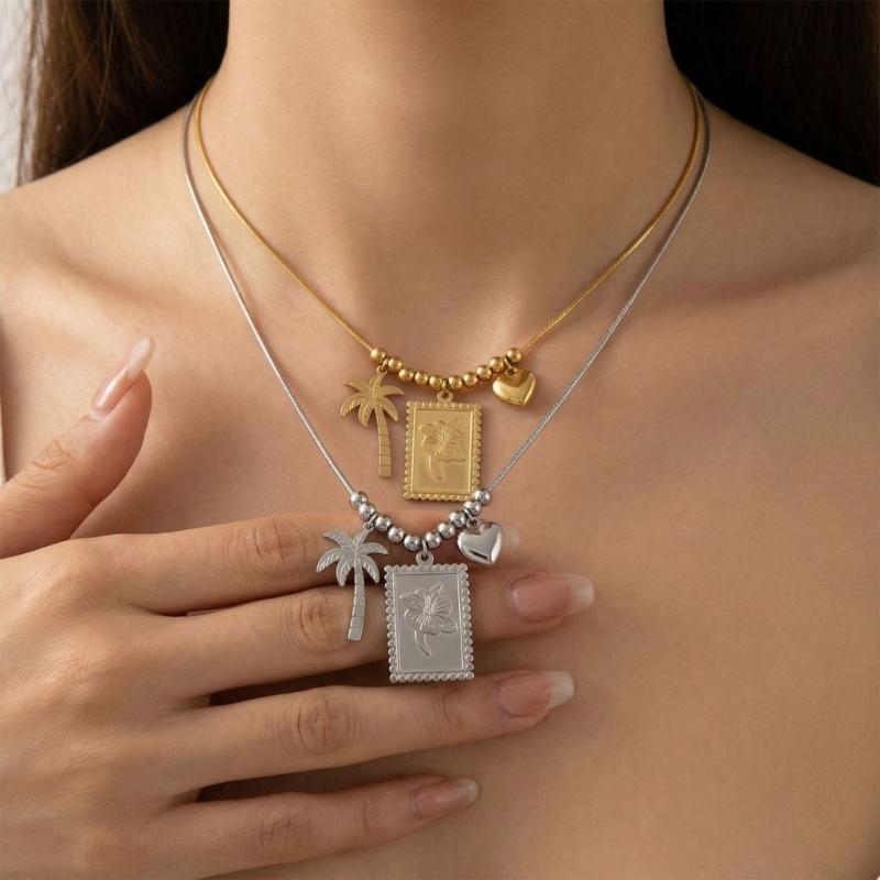 Fashionable Gold Plated Coconut Tree Necklace Stainless Steel Chain With Floral Accent Jewelry For Daily Wear