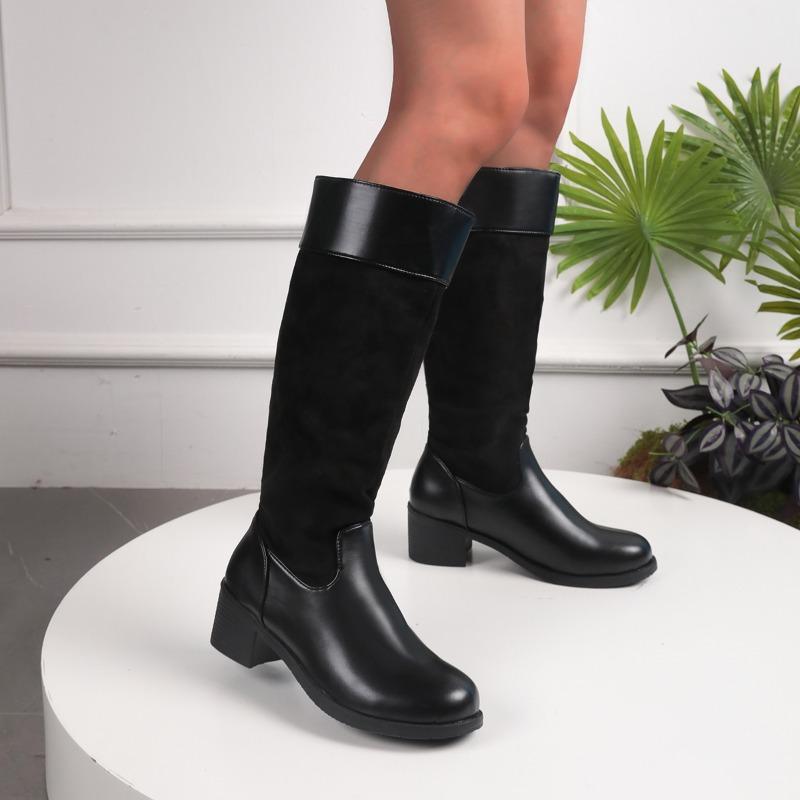 Four Seasons High Boots New Round Toe Spliced Sleeve Platform Non-slip Wear-resistant Block Heel Shoes