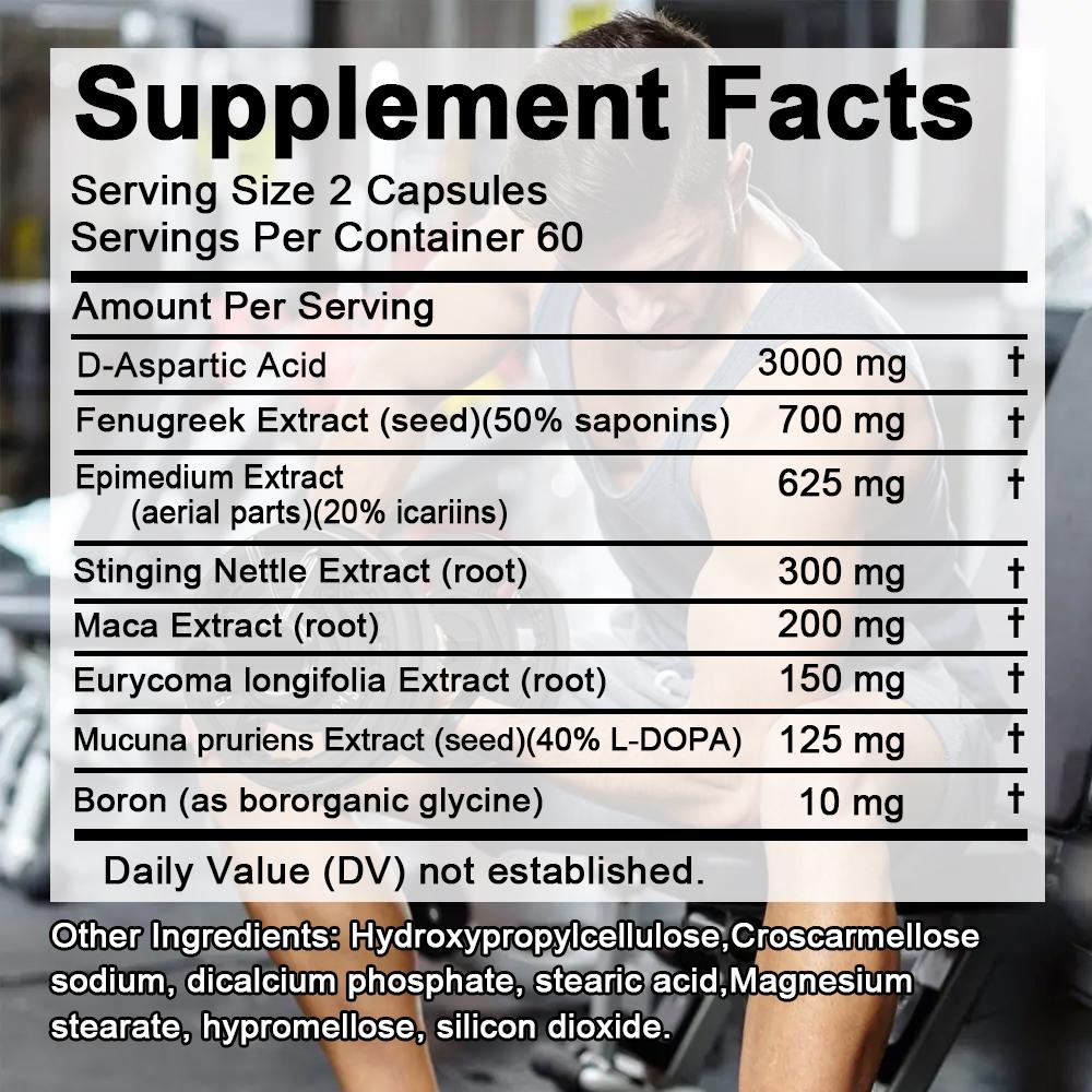 Taoters Acide D-Aspartique Complexe Tongkat Ali Capsules Boostent l'Énergie et la Vitalité 120 Capsules