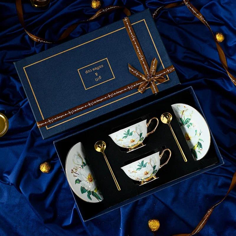 Exquisite Souvenir Bone China Coffee Cup Saucer Set Creative Water CupTea Cup European Style High-Value Tea Cup Tea Set Gift box