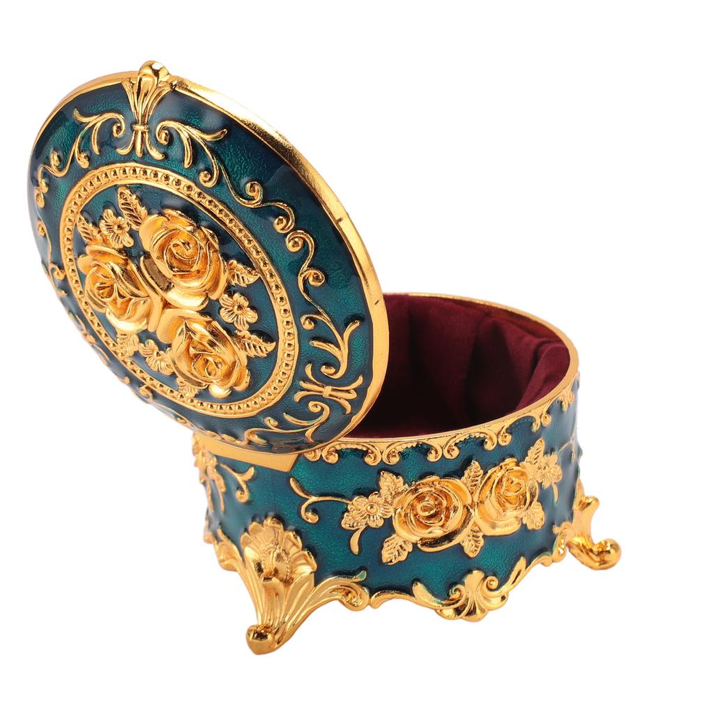 Vintage Jewelry Box Zinc Alloy Round Exquisite Hand Carved Gold Flower Pattern Versatile Storage Case for Ring Earring Necklace