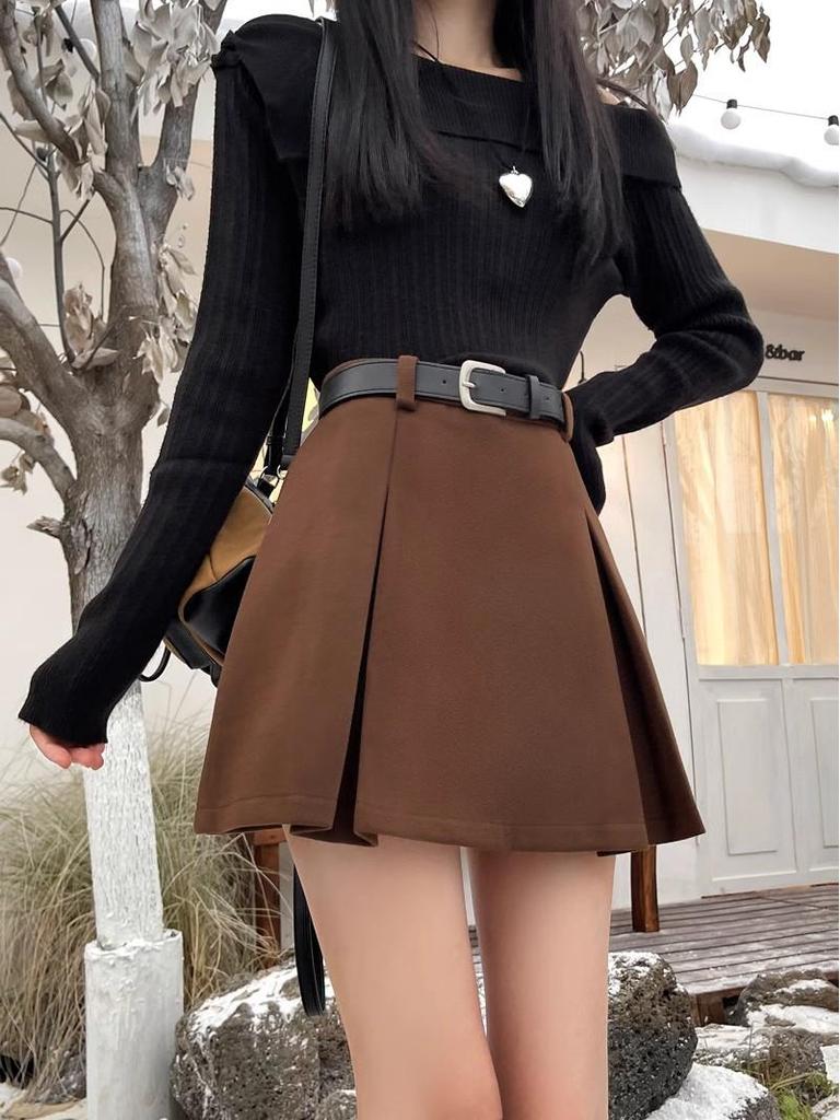 Women's Petite Wool A-Line Pleated Skirt in Coffee - Flattering High-Waisted Pencil Design for Autumn/Winter 2025