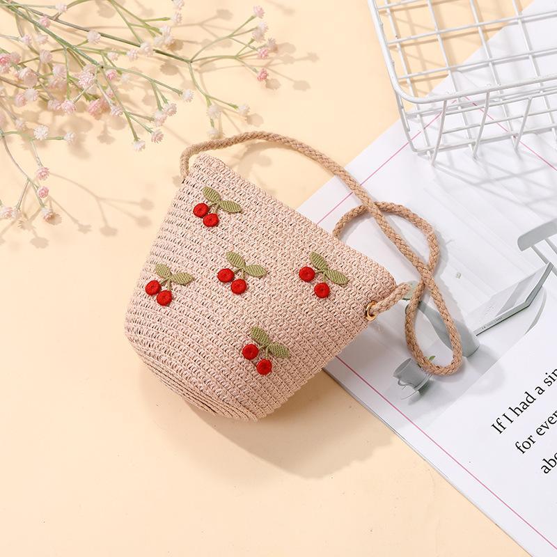 Children Foldable Woven Straw Bag Summer Girl Shoulder Bags Red Cherries Kids Handbags Beach Travel Crossbody Bags Small Wallets