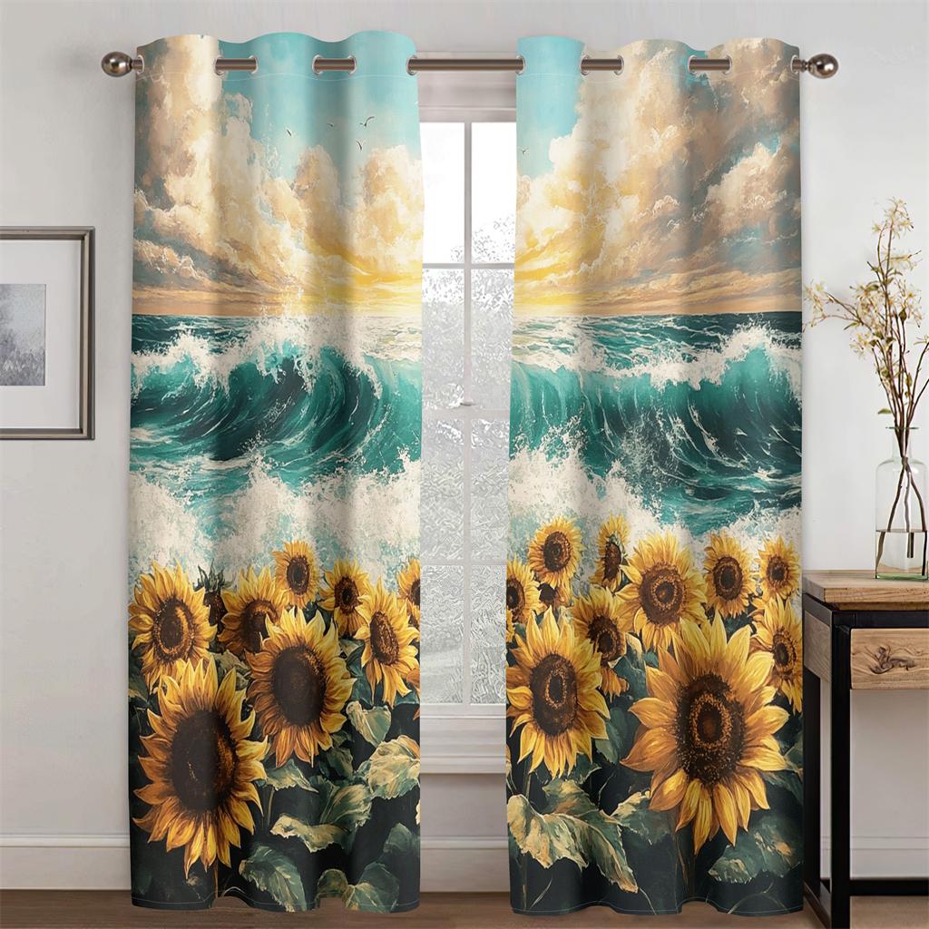 3D Oil Painting Sunflower Ocean Curtains Blue Sky Sunrise Bedroom Living Room Balcony Kitchen Decorative Curtains 2 Panels