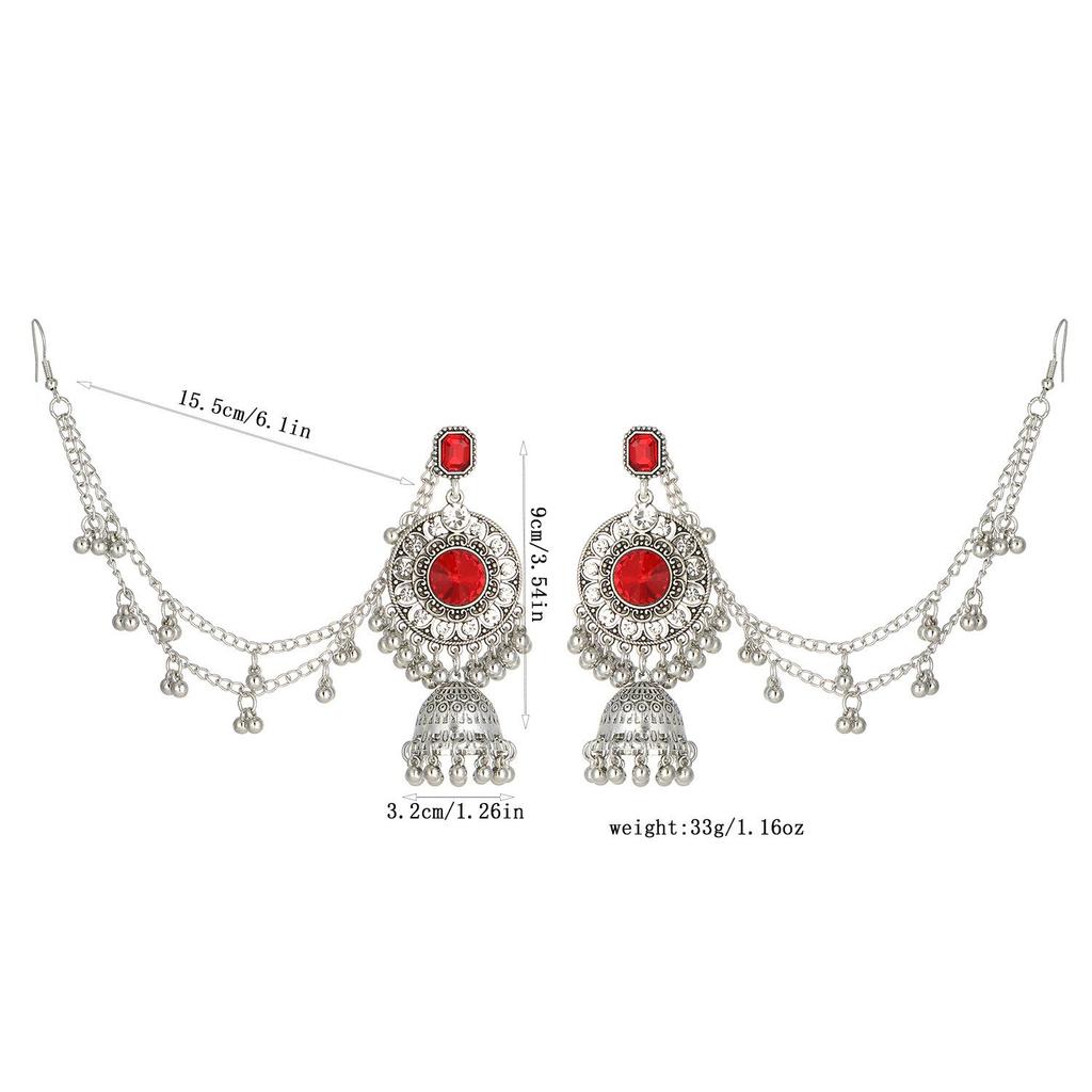 Vintage Indian Ethnic Tassel Bell Earrings & Ear Chain Set