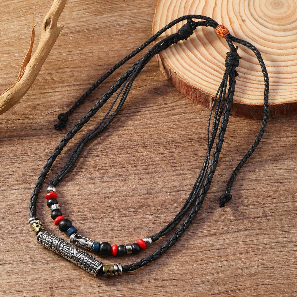 Retro Braided Rope Necklace Long Drawstring Design Handmade Beaded Multi-layer Men s and Women s Same Necklace