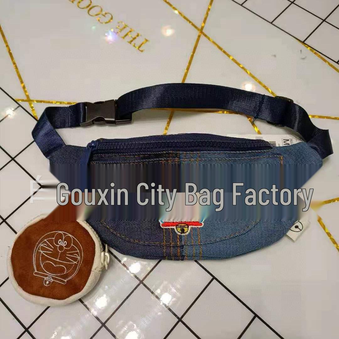 

Children s Patchwork Denim Doraemon Waist Bag with Cute Fat Cat Pendant 29x13 cm синій