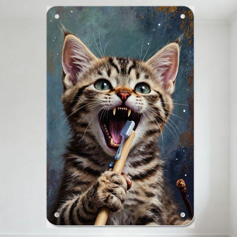 

Whimsical Tabby Kitten Brushing Teeth with Blue Head Toothbrush Tin Sign - Textured Blue-Gray Background Wall Decor for Home Caf 20x30cm（7.8x11.8inch）