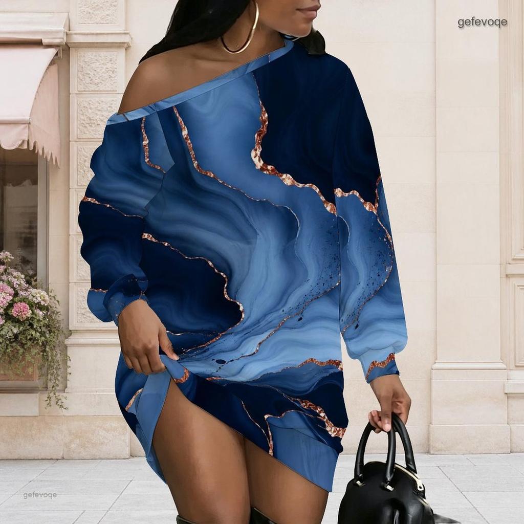 Women Plus Size Off Shoulder Long Sleeve Blue Gold Marble Print Loose Short Dress