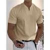 Men V‑Neck Short Sleeve T‑Shirt Elastic Slim Fit Henley Tee Solid Color Breathable Casual Tops For Fitness Sports Daily Summer Street Wear