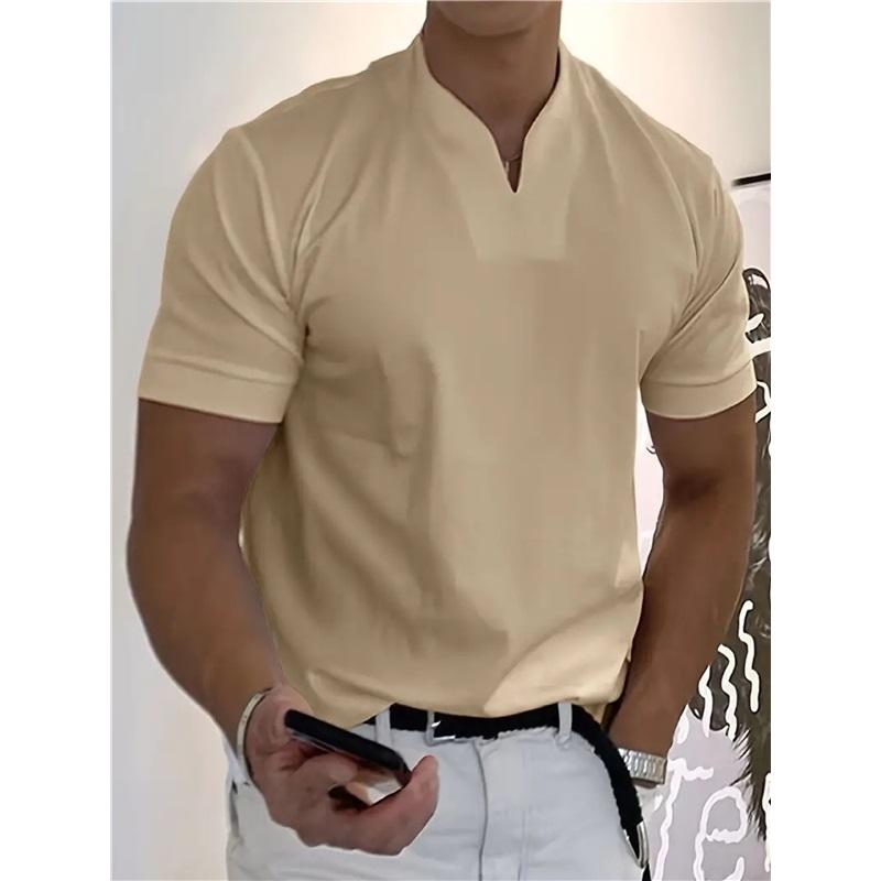 Men V‑Neck Short Sleeve T‑Shirt Elastic Slim Fit Henley Tee Solid Color Breathable Casual Tops For Fitness Sports Daily Summer Street Wear
