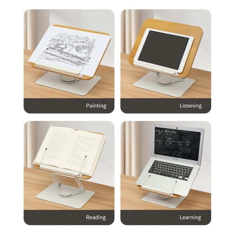 Reading Books Holder Desktop Book Laptop Stand with 360 Degree Rotating Base Wooden Panel Page Clip Foldable Angled