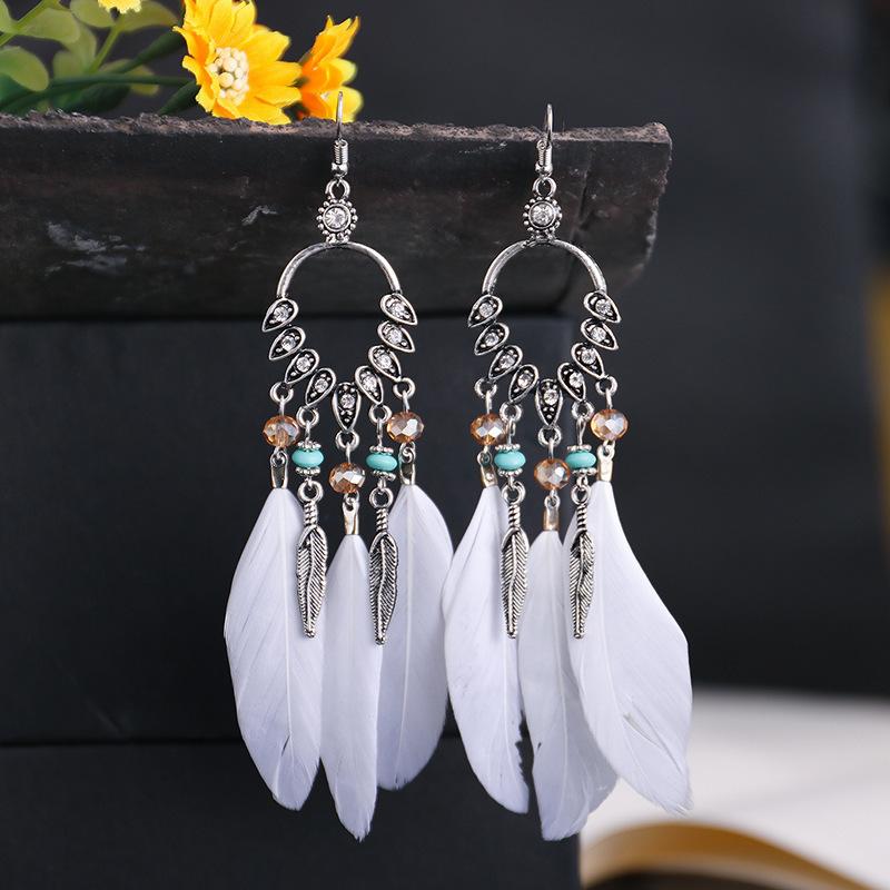 Vintage Bohemian Feather Tassel Earrings Exaggerated Ethnic Vacation Dangle Ear Jewelry Fashion Accessories For Women