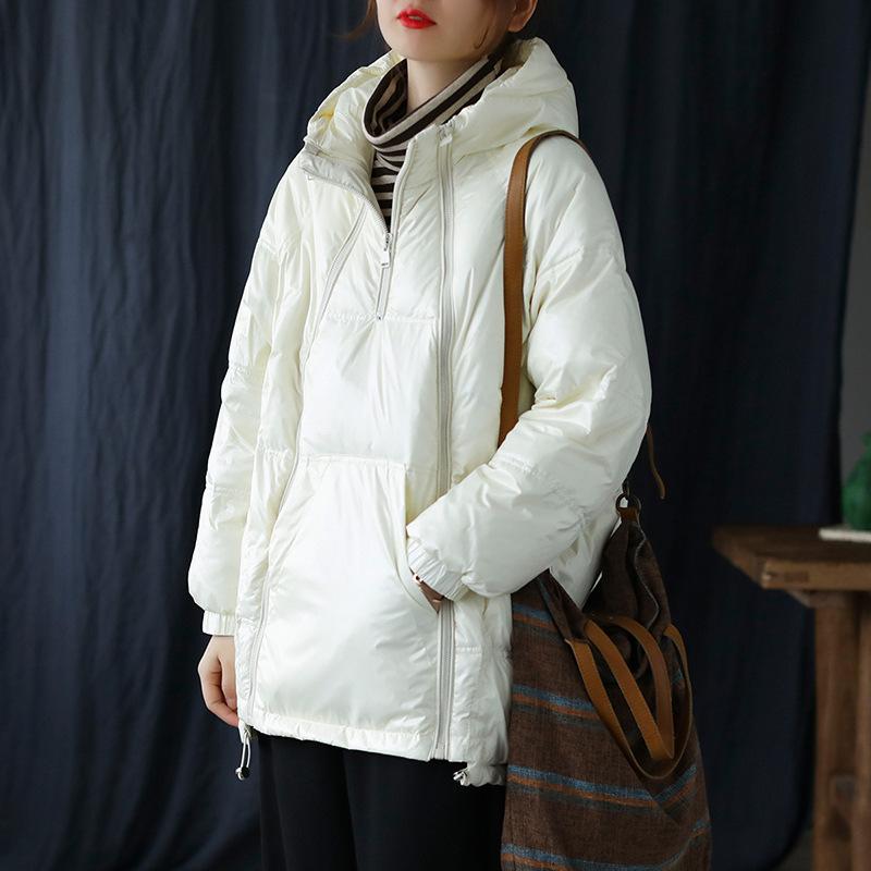 Sweater down jacket women's new winter thickened warm medium and long white duck down multi-zipper pullover jacket tide