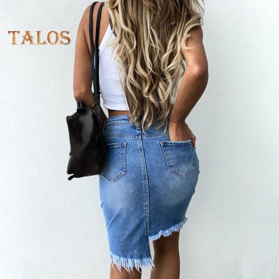 Women Summer Denim Skirt High Waist Button Zipper Fly Mini Skirt Ripped Holes Irregular Hem Hip Wrapped Skirt Streetwear
