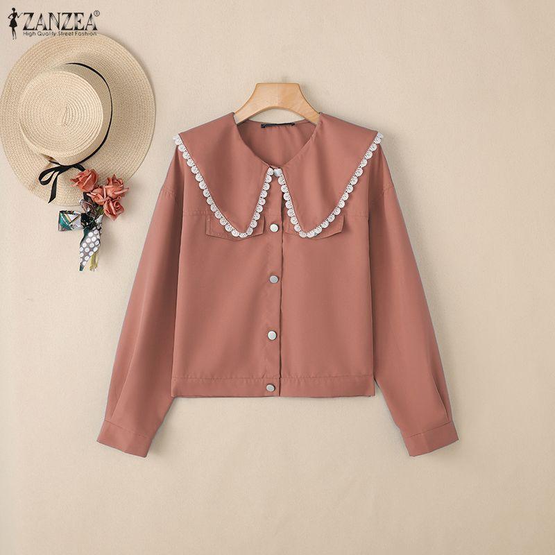 ZANZEA Women Casual Doll Collar Loose Long Sleeve Blouse