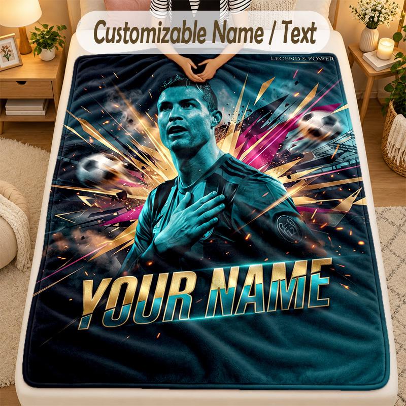Flannel BlanketCristiano Ronaldo Custom Name Text Personalized Soft Warm Throw Blanket Home Decor Gift