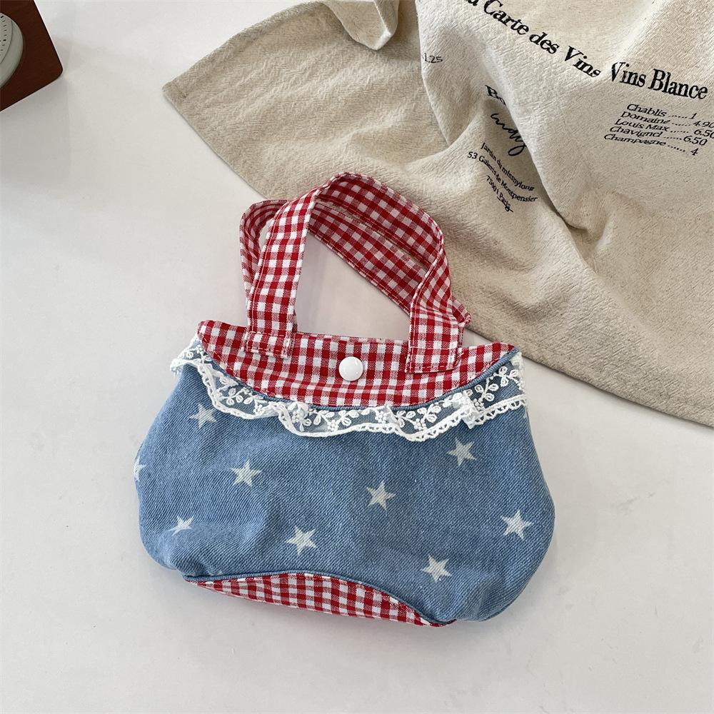 Sweet Lace Ctrast Color Women's Small Handbags Retro Denim Ladies Plaid Purse Tote Bento Bags Casual Bow Star Female Lunch Bag