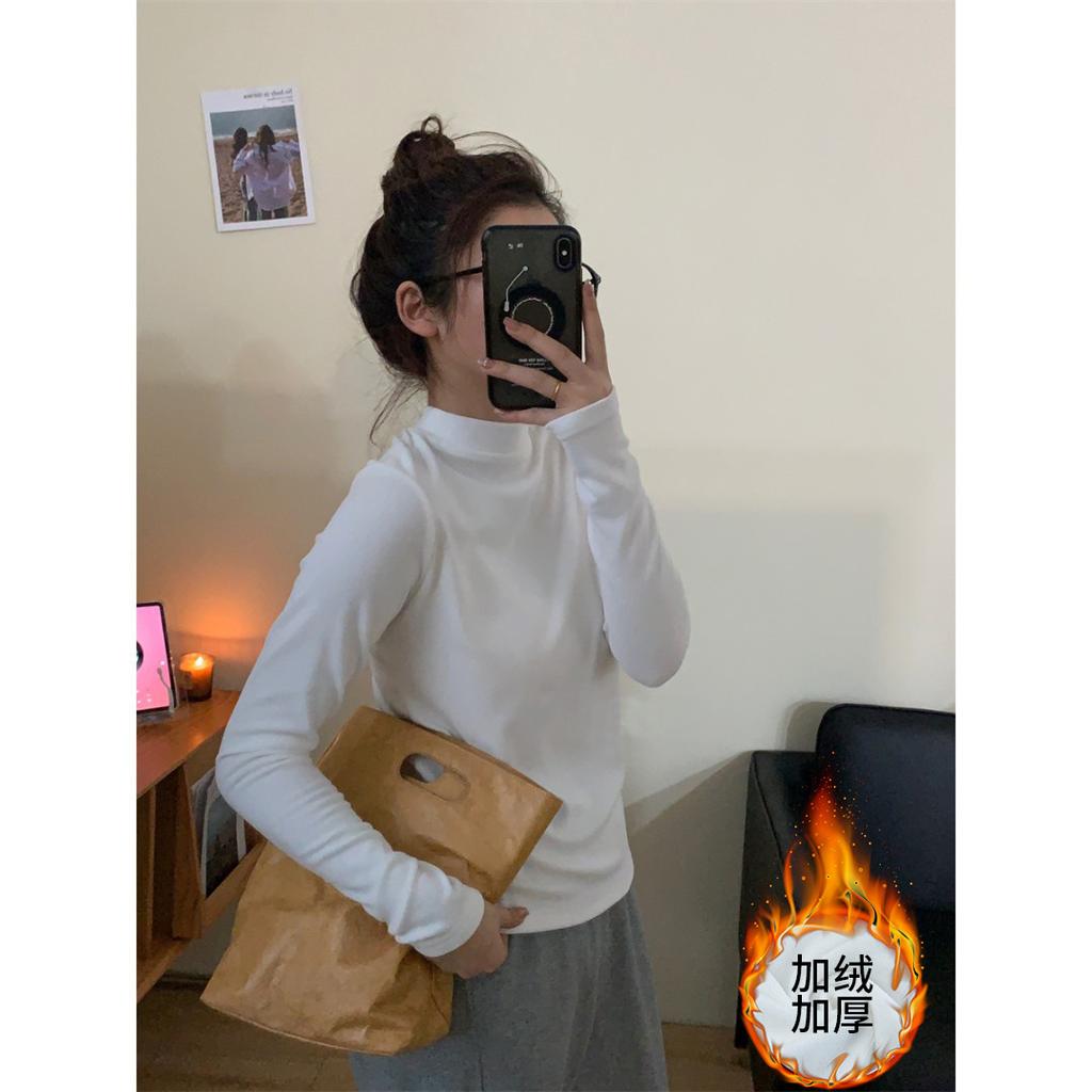 Small Stand Collar Cashmere Undercoat Women's Wear with Autumn and Winter White Long-sleeved T-shirt Slim Fit Plus Cashmere Frosted Solid Color Blouse