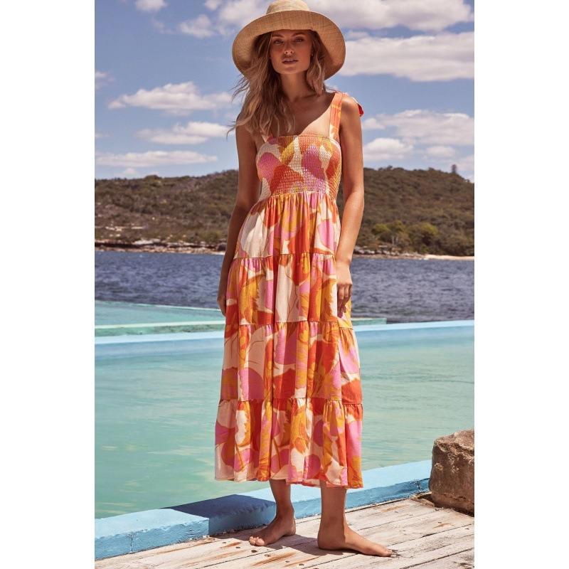 Vestido longo com estampa floral para mulheres, decote quadrado, cintura alta, sem mangas, vestido longo de verão, férias, praia, vestido respirável, fino, macio e confortável
