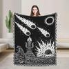 Vintage Meteor Shower Fleece Blanket, Black White Linocut Comet Throw, Gothic Celestial Art