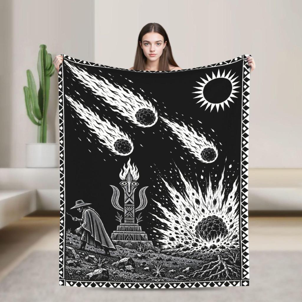 Vintage Meteor Shower Fleece Blanket, Black White Linocut Comet Throw, Gothic Celestial Art