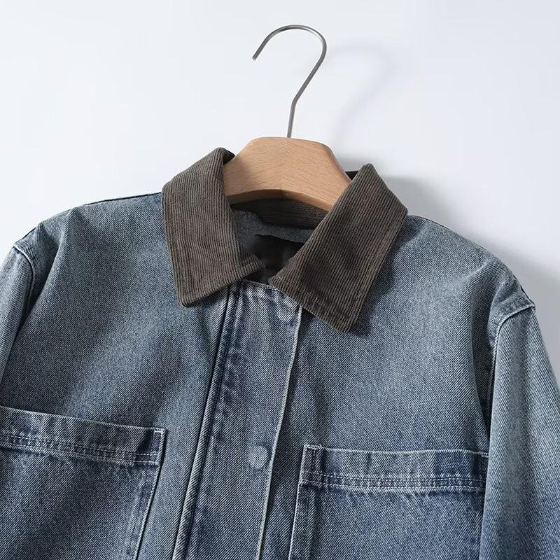 Korean Retro Color Block Lapel Pocket Denim Jacket - Women's Long Sleeve Autumn Style