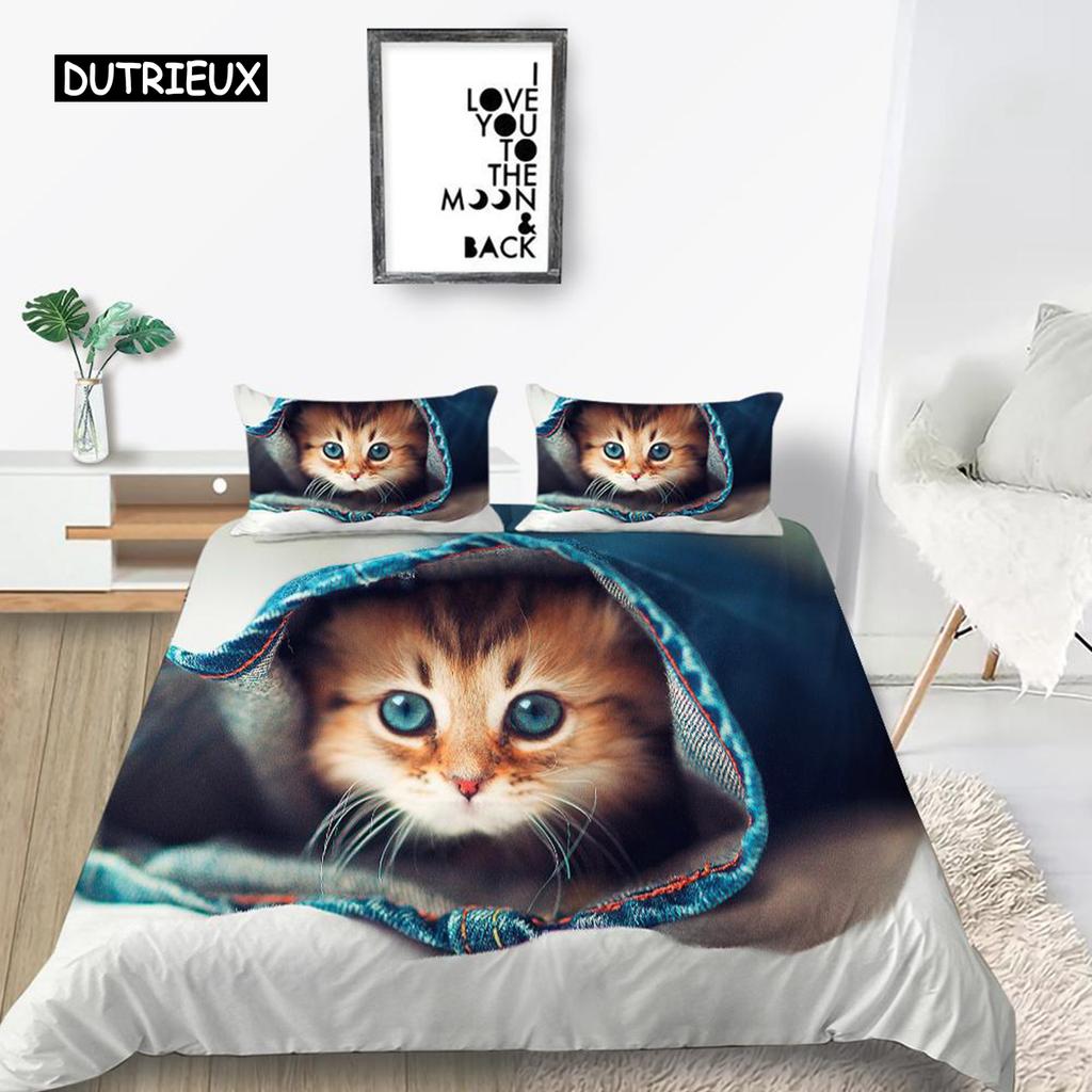 Cat Duvet Cover Set King Size Microfiber Cute Animal Print Girl Teen Kid Comforter Cover Lovely Kitty Series Pattern Bedding Set