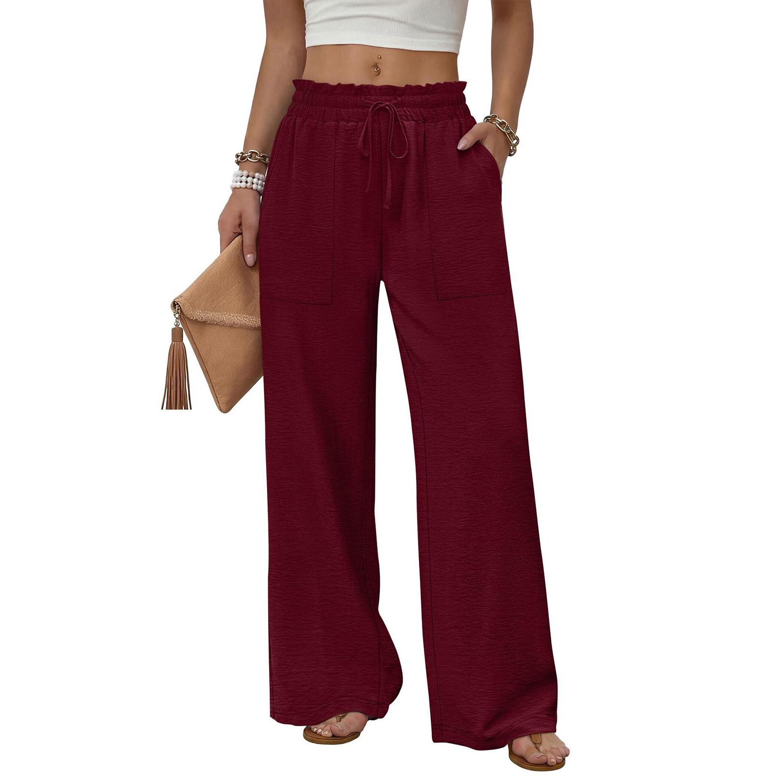 

Women High Waist Wide Leg Pants with Pockets Drawstring Loose Fit Beach Vacation Casual Trousers Comfortable Summer Bottoms L винний