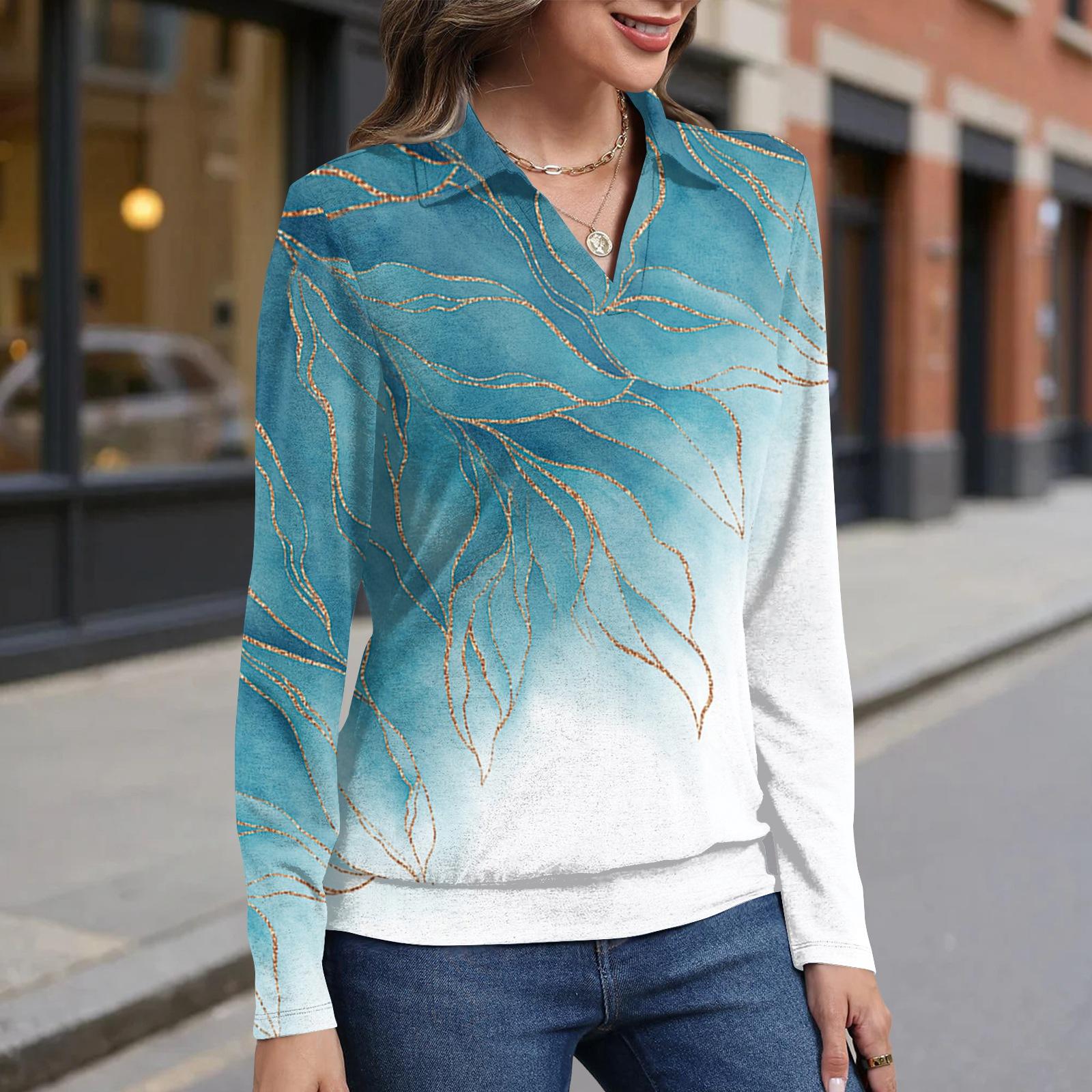 

Women s retro printed fashionable long-sleeved top XL небо синє кольору