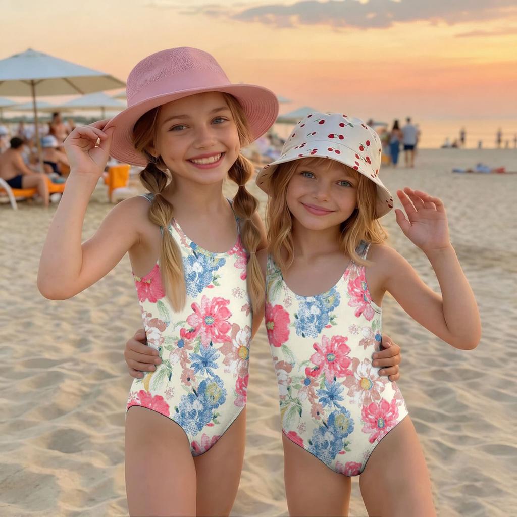 Girls Floral Print One Piece Swimsuit Summer Casual Kids Swimwear Lightweight Comfortable Fabric Suitable for Beach Pool Water Activities